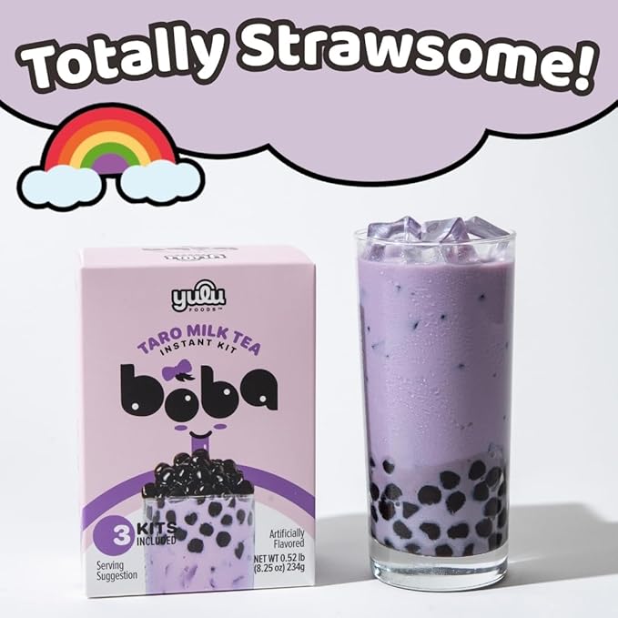 YULU FOODS Instant Bubble Pearl Taro Milk Tea Kit with Authentic Brown Sugar Tapioca Pearls - Ready in Under One Minute, Paper Straws Included – 3 Servings.
