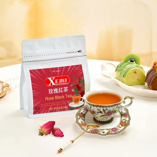 XIEJINJI Rose Black Tea - 40 Tea Bags, Natural Dried Rose and Black Tea Blend, AROMATIC & SMOOTH, Eco-Conscious Tea Bags, Enjoy Hot or Iced