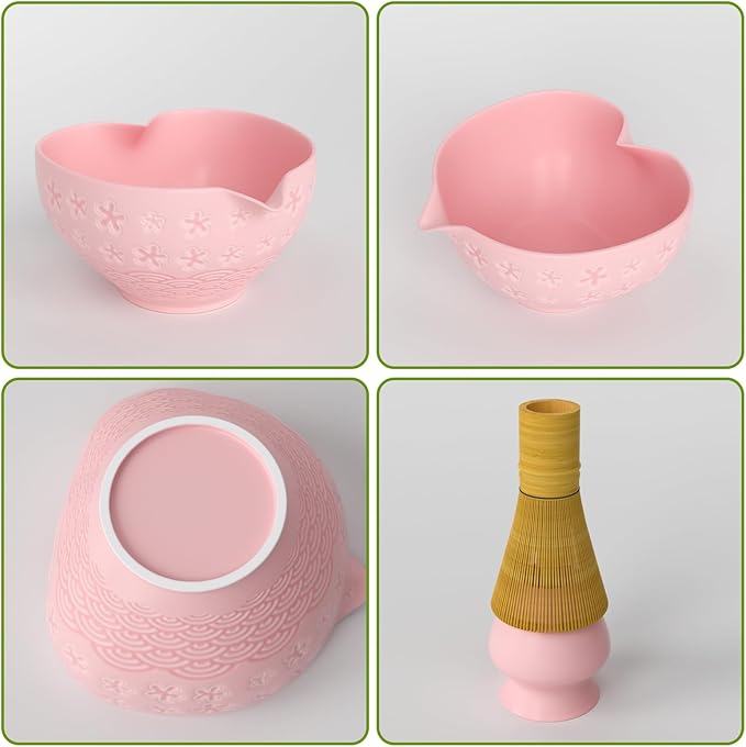 Matcha Whisk Set & Japanese Tea Set, 8PCS Ceramic Matcha Kit, Heart-shaped Matcha Bowl with Spout and Bamboo Whisk for Ceremony Matcha Lovers, Ideal Gift Christmas and Birthday (Cherry Blossom Pink)