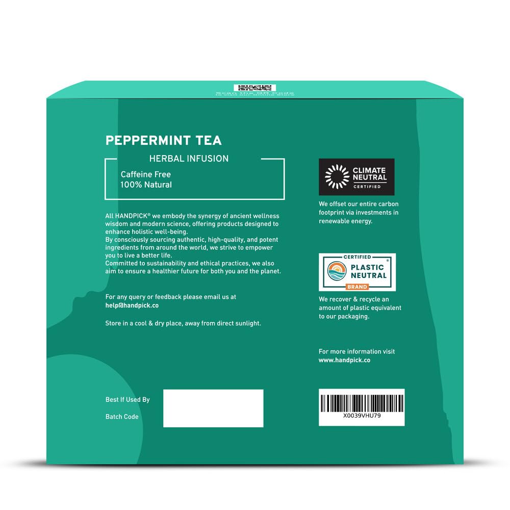 HANDPICK Peppermint Tea (100 Tea Bags) Fresh Natural Mint Leaves, Non GMO
