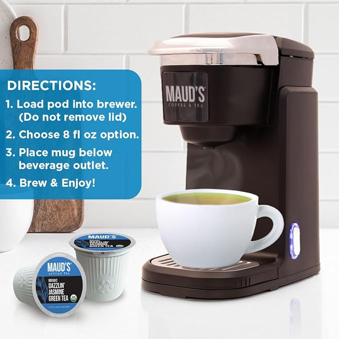 Maud's Organic Jasmine Green Tea Pods, 24 ct, Recyclable Single Serve Tea Pods – 100% Gourmet Blended Tea Leaves, Compatible with Keurig K Cups Maker