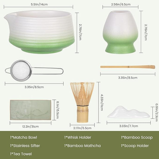 7 Pcs Matcha Whisk Set, Complete Japanese Tea Ceremony Kit with Ceramic Bowl (Chawan) & Bamboo Whisk, Traditional Starter Matcha Set, Ideal Gift for Beginners & Matcha Lovers