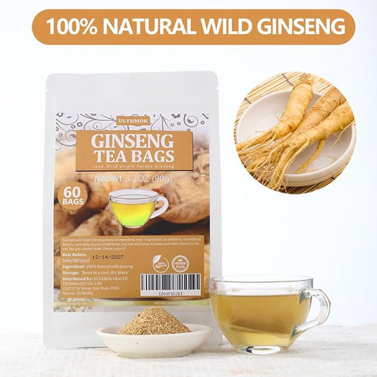 Premium 60 Ginseng Tea Bags, Made with Pure 100% Natural Wild Ginseng Root, Energizing & Immune Support, No Artificial Flavors & Caffeine Free.