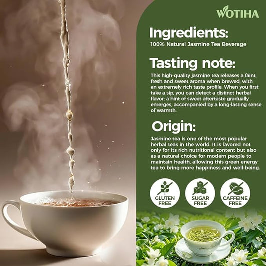Natural Jasmine tea 160g. 2gx80 teabags. 100% natural ingredients Jasmine tea.Additive-Free • Sugar-Free • Vegan.