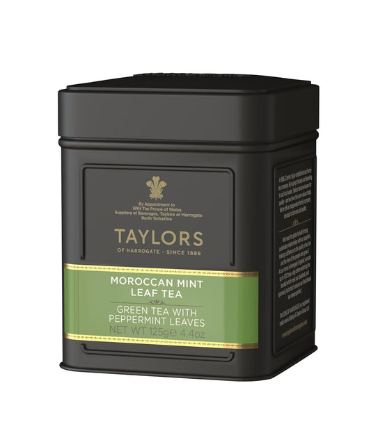 Taylors of Harrogate Moroccan Mint, Green Tea, Loose Leaf, 4.41 Ounce Tin Caddy, Fresh, Light, and Lively, Caffeinated, Premium Whole Leaf Tea