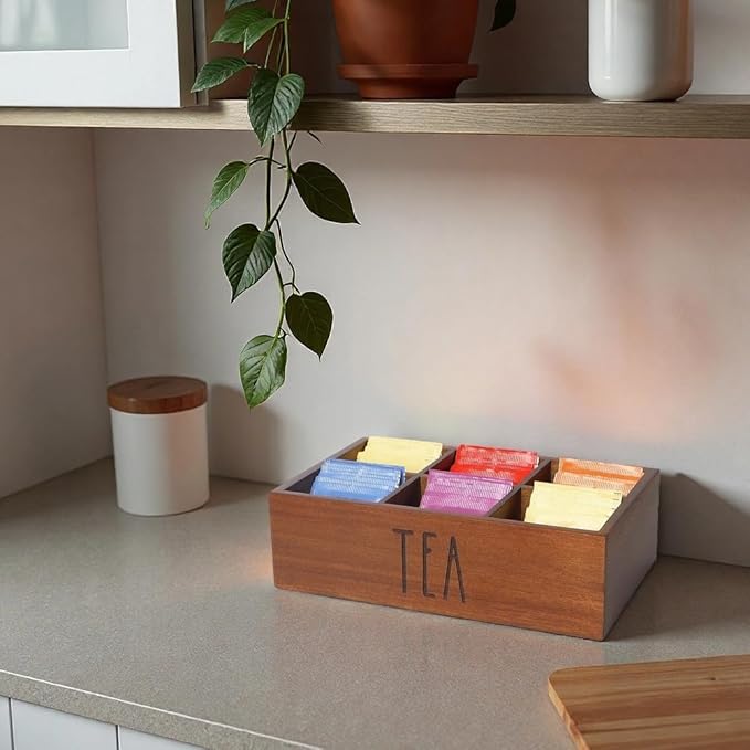 Tea Bag Organizer,Acacia Wood Tea Storage Containers with 6 Compartments, Sugar Packet Holder,Tea Bag Caddy Box for Cabinet Countertop Office (Brown- Labeled "TEA")