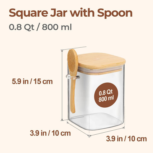 ComSaf Glass Container with Spoon & Lid 0.8 Qt, 4 Pack Glass jar with spoon | Coffee and Sugar Container Set, Coffee Bar, Salt Jar, Bamboo Lid with Silicone Seal, Spice, Seasoning Canister, BPA Free