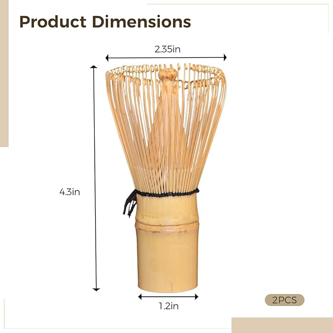 2 Pcs Wood Matcha Whisk Set, 100-Prong Handmade Chasen Whisk, 1.2 x 2.4 x 4.3 in / 3 x 6 x 11 cm, Natural Wood Color, Traditional Tea Ceremony Utensil