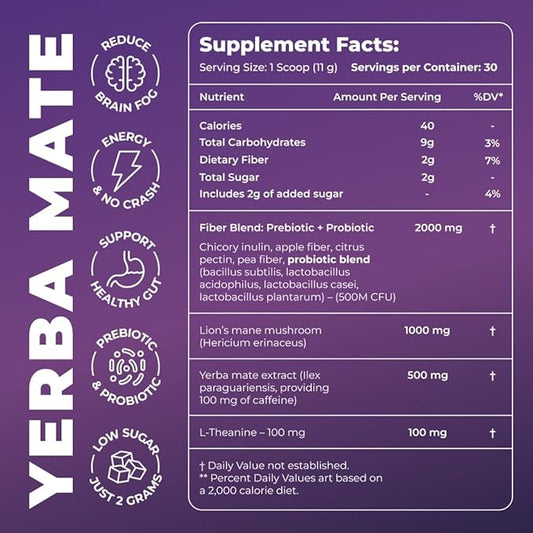 Peach Mango Yerba Mate Instant Tea – Nootropic Formula with Lion’s Mane, L-Theanine & Probiotics – Natural Energy, Focus & Digestive Support – 30 Servings