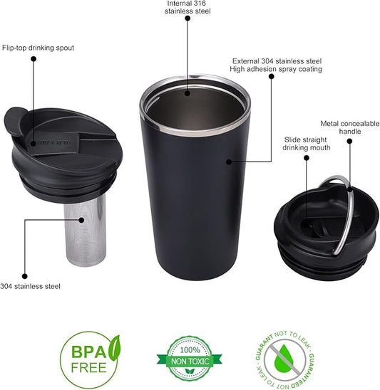 GiNT 17oz Travel Mug with Infuser and Two Lids. Vacuum Insulated 316 Stainless Steel Coffee Mug