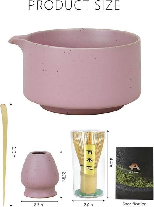 Artcome Matte Pink Matcha Bowl Set with Spout – Handmade Ceramic Chawan, Bamboo Whisk, Whisk Holder, Tea Scoop, and Matcha Manual