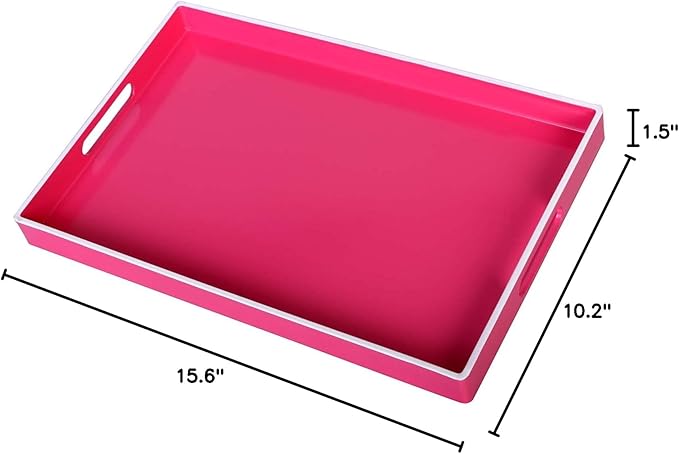 Zosenley Decorative Tray, Rectangular Plastic Tray with Handles, Modern Vanity Tray and Serving Tray for Bathroom, Kitchen, Ottoman and Coffee Table, 15.6” x 10.2” (White Border Rose red)