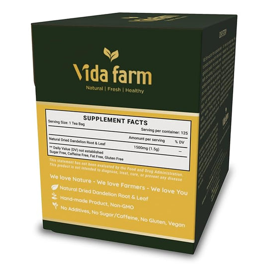 VIDA FARM 125 Dandelion Tea Bags - 100% Natural Dandelion Leaf & Root, Sugar Free, Caffeine Free, Non-GMO - Premium Dandelion Root Herbal Tea, Smooth Taste