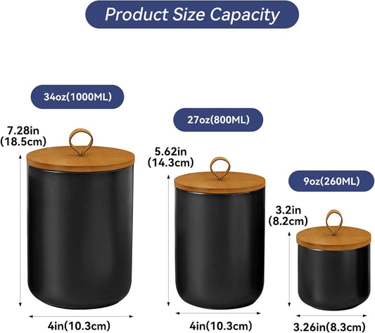Ceramic Storage Jars, Modern Airtight Canisters with Wooden Lid (Black medium)