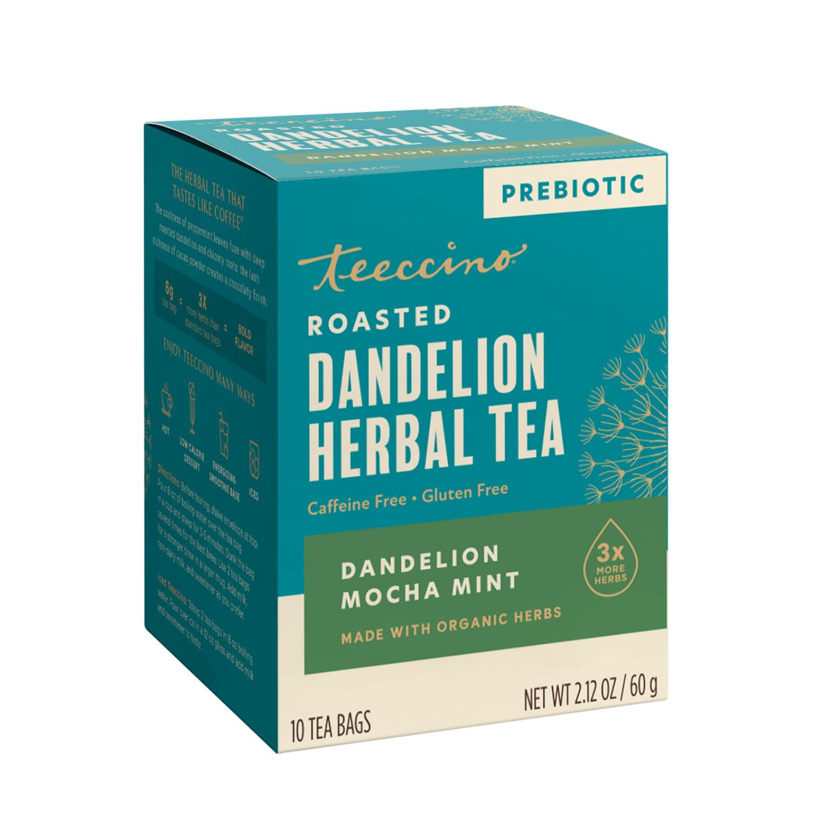 Teeccino Dandelion Root Tea - Mocha Mint - Caffeine Free, Roasted Herbal Tea with Prebiotics, 3x More Herbs than Regular Tea Bags, Gluten Free - 10 Tea Bags (Pack of 4)