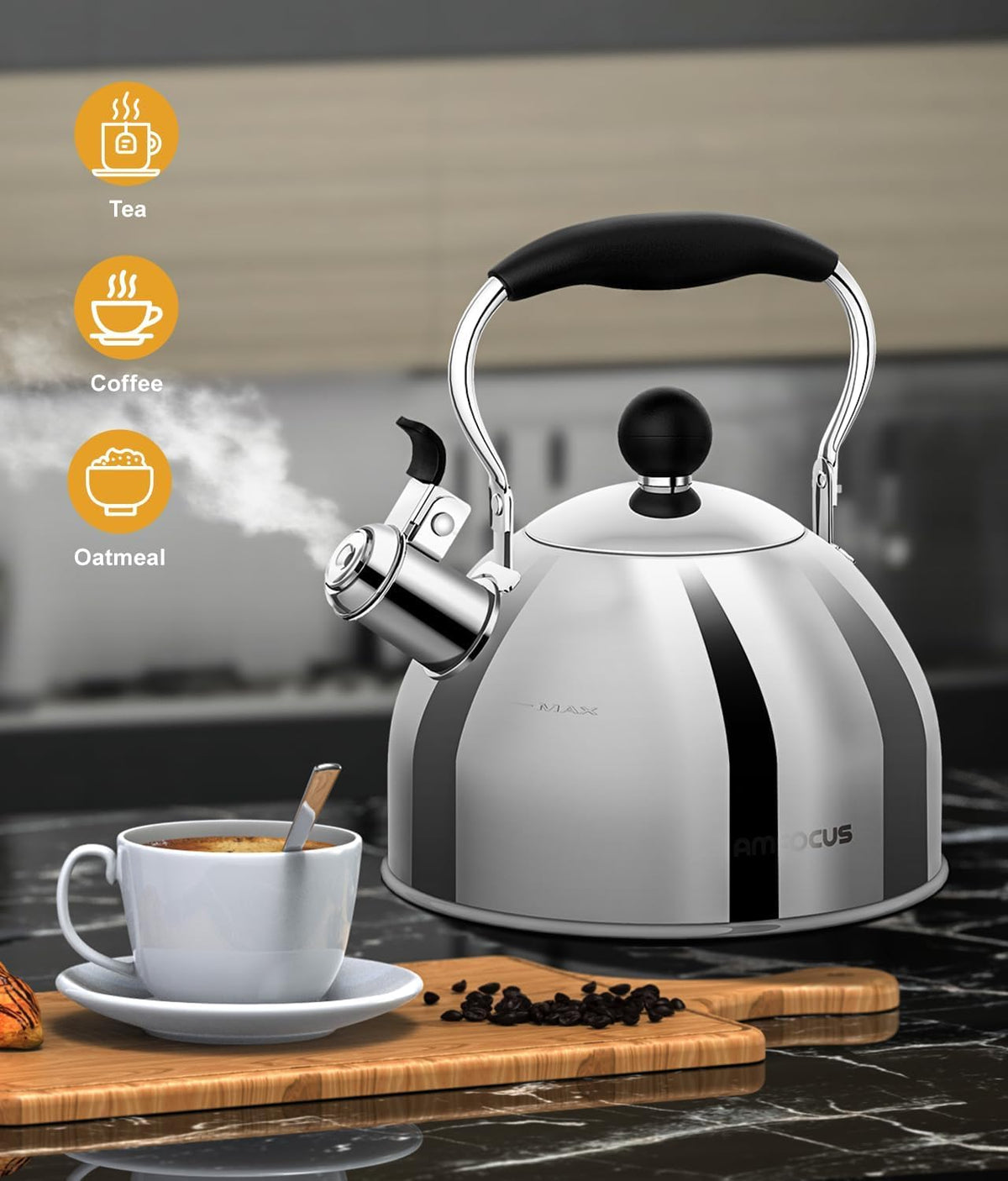 AMFOCUS Tea Kettle, 2 Quart Stainless Steel Whistling Tea Kettle, Stovetop Whistling Teakettle Tea Pots for Stove Top with
