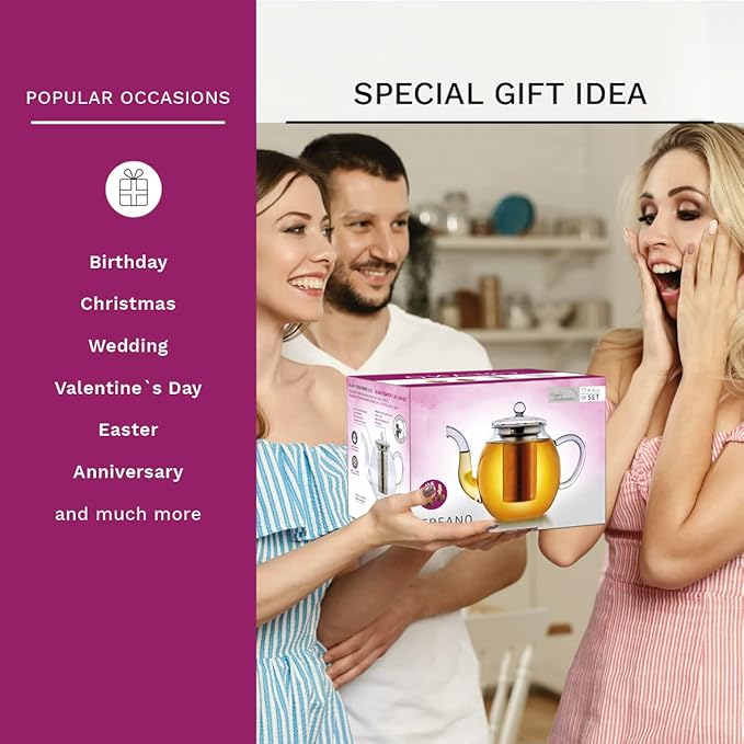 Creano Glass Teapot 34oz (1000ml) with removable stainless steel Tea Infuser - includes 2 Blooming Teas - Giftset - Tea Kettle and Tea Maker