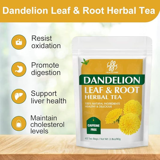 Premium Dandelion Leaf & Root Tea, Dandelion Herbal Tea for Liver Support, Antioxidant, Digestion and Immune Support, Traditional Diuretic Detox Tea, Caffeine Free, 40 Bags/80g