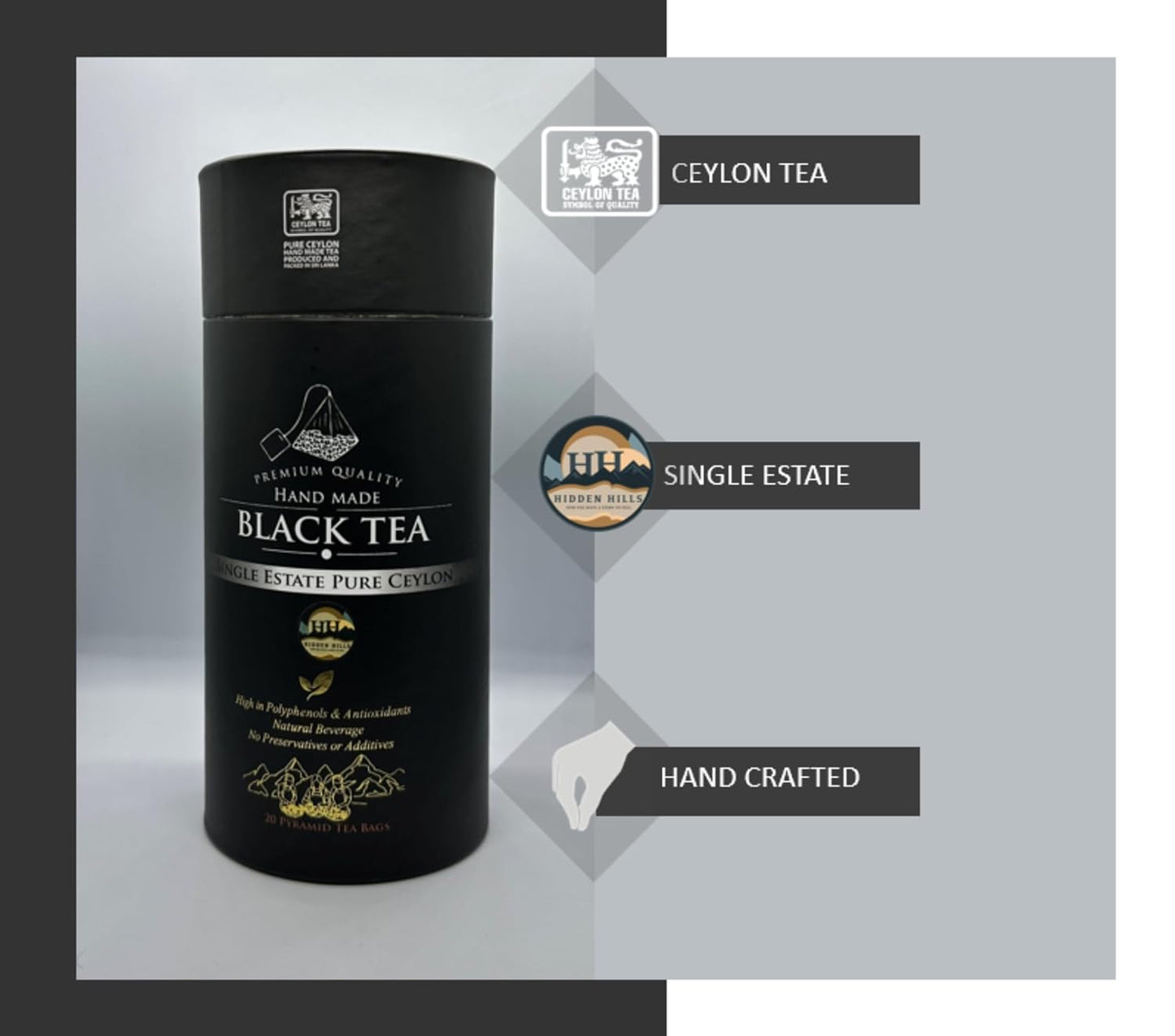 Hidden Hills Black Tea - Premium Quality Single Estate - Ceylon Tea (20 Tea Bags, 50g)