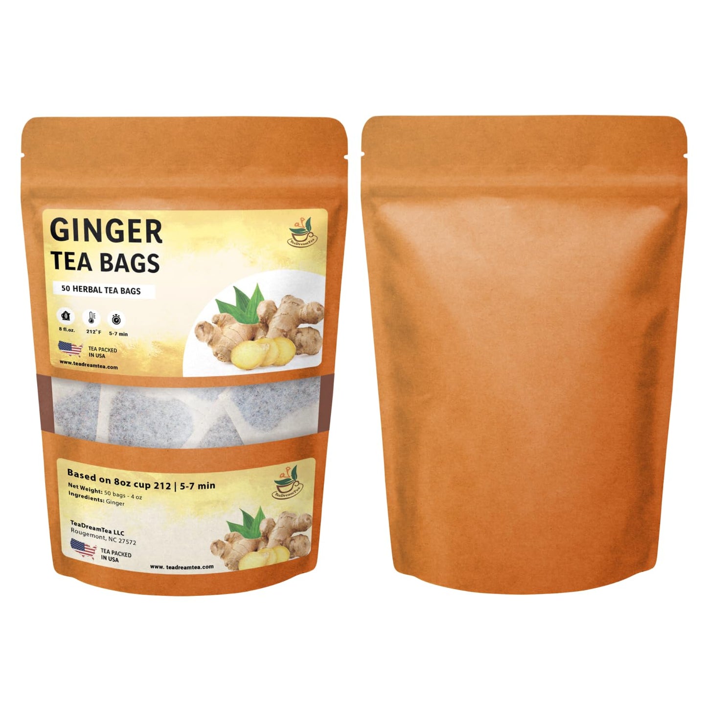 Ginger Tea Bags – 50 Bags – Premium & Spicy Ginger Herbal Tea – Made with Natural Ginger, Caffeine-Free and Gluten-Free Herbal Tea with Smooth Taste (50 Count)