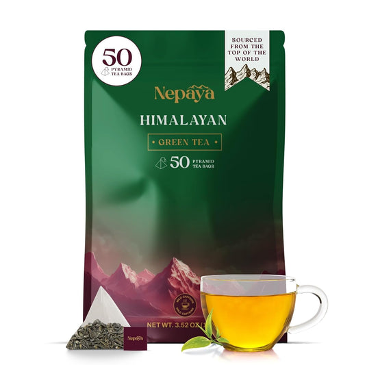 Nepaya Himalayan Green Tea Bags, High Grown Pure Green Tea, Low Caffeine, Smooth & Refreshing Taste, 50 Biodegradable Pyramid Tea Bags, Whole Leaf Green Tea for Hot or Iced Tea, Fresh & Natural Flavor