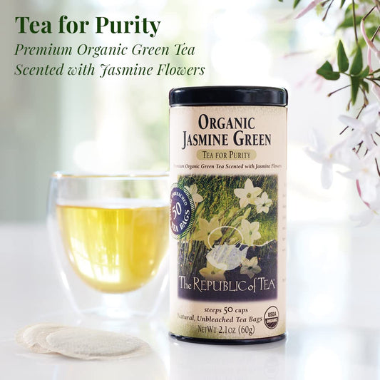 The Republic of Tea Organic Jasmine Green Tea, Low Caffeine, 50 Count | A gentle cup for everyday sipping. Fresh with light vegetal notes. USDA Organic and Gluten Free.