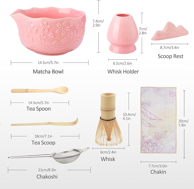 Matcha Whisk Set, 8 Pcs Matcha Kit with Ceramic Japanese Matcha Bowl & Accessories Kit for Traditional Tea Ceremony, Home Use & Christmas Gifts for Matcha Lovers (Pink)