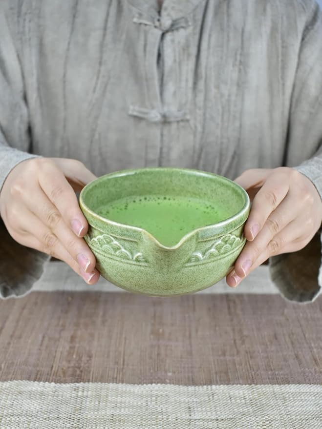 Artcome Matcha Tea Set with Pouring Spout - Green Ceramic Matcha Bowl, Bamboo Whisk, Whisk Holder