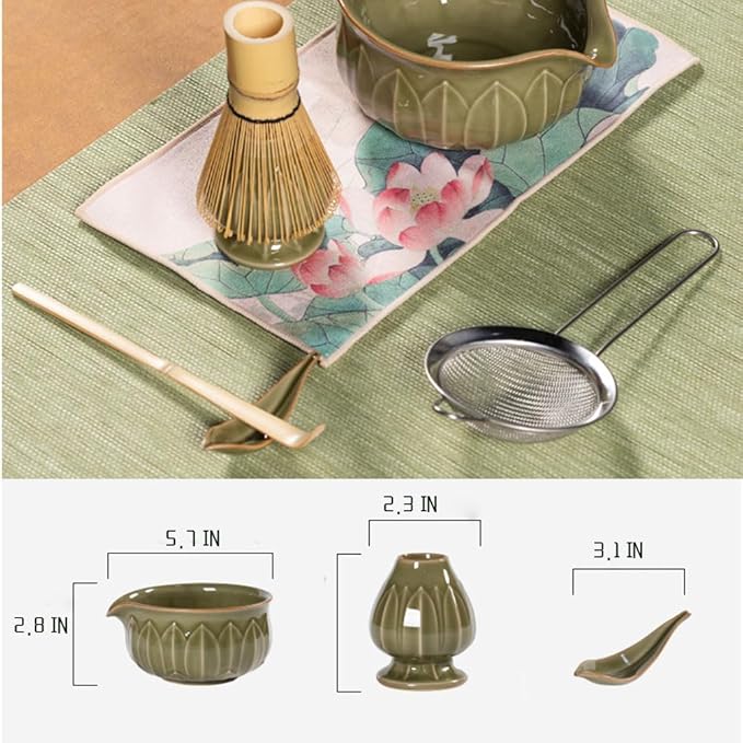 ZentButCool Matcha Set Includes Ceramic Matcha Bowl, Bamboo Whisk (Chasen), Scoop, Stainless Steel Matcha Sifter, And Whisk Holder (Nature)