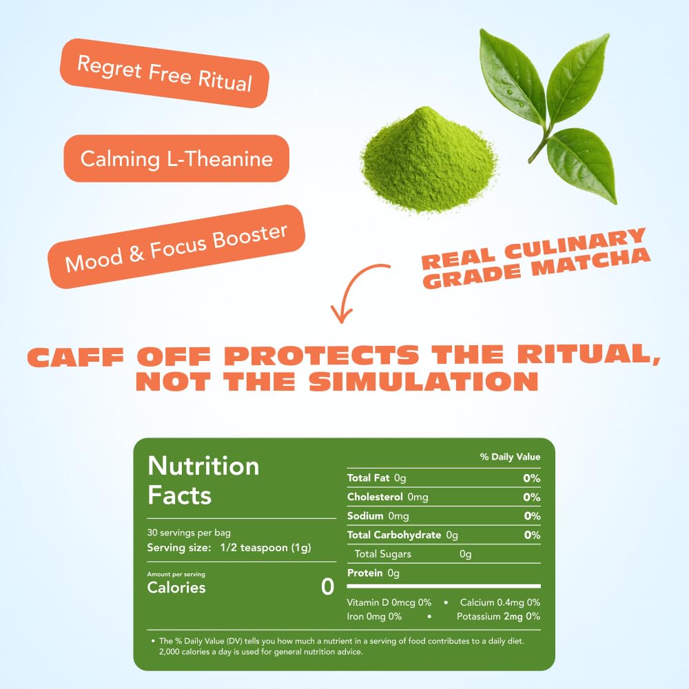 Caff Off Decaf Matcha Green Tea Powder From Japan - 1.06 oz / 30 g - Culinary Grade - Naturally Decaffeinated Using No Chemicals - Tested For Heavy Metals & Pestacides - First Harvest & Shade Grown Caffeine Free Matcha Powder