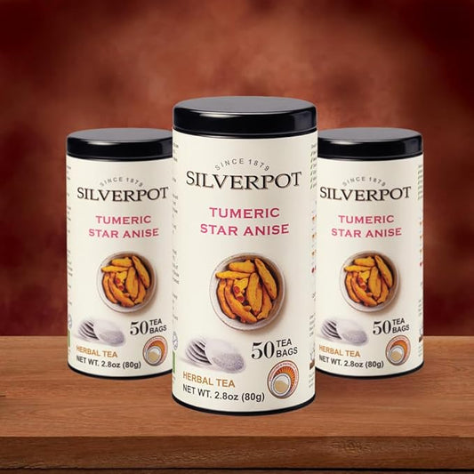 Silverpot Turmeric and Star Anise - 50 Round Tea Bags, Golden Spice, 100% Natural, Caffeine Free, Reusable Tin