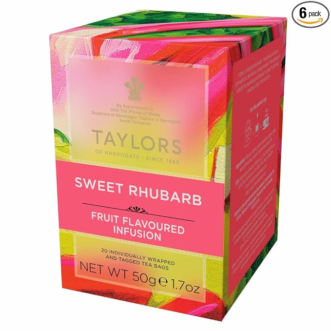 Taylors of Harrogate Sweet Rhubarb, Herbal Tea, Individually Wrapped Bags, 20 Count (Pack of 6), Vib
