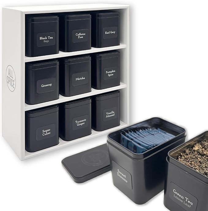 AllSpice Tea Organizer Rack with 9 Tins & 160 Magnetic Labels – Perfect for Bagged & Loose Leaf Tea