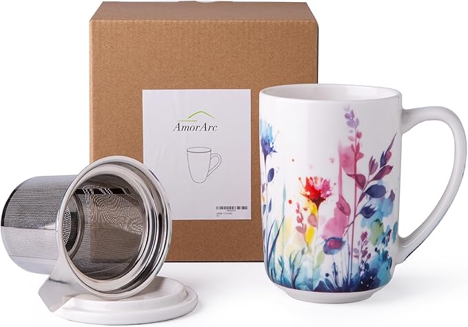 AmorArc Porcelain Tea Mug with Infuser and Lids, 18 Oz Large Cup Strainer with Bag Holder for Loose Leaf Tea