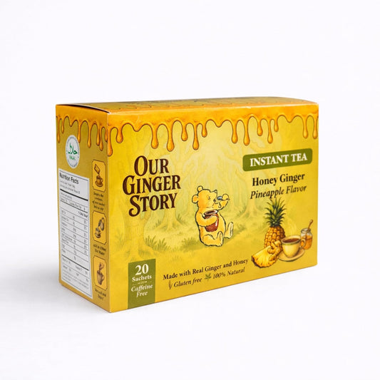 Premium Honey Ginger Instant Tea Crystals, Pineapple Flavor, 20 Sachets, Real Ginger, Real Honey, Pure Cane Sugar, Caffeine Free, Hot Or Cold Single Serve Drink Mix