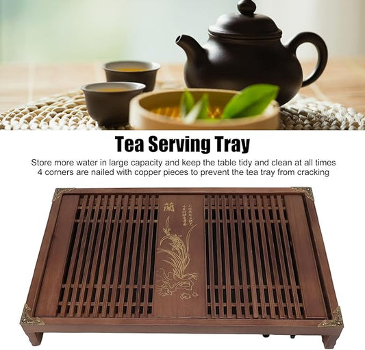 11.0X16.9in Gongfu Tea Tray, Drainage Water Storage Orchid Pattern Wooden Tea Serving Tray, Tea Table Box with Drain Pipe for Friends (Light Black Orchid)