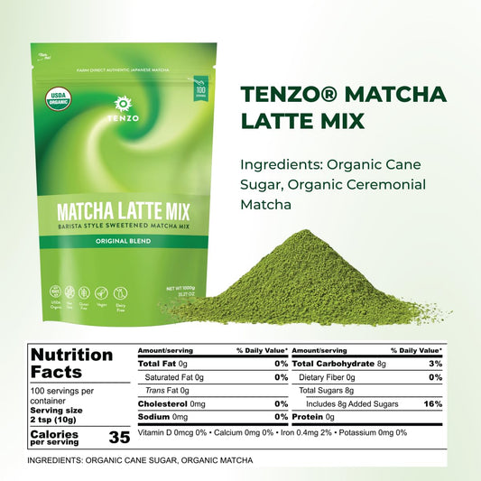 Tenzo Matcha Green Tea Powder, Organic Cafe Sweetened Matcha Latte Green Tea Powder, Ceremonial Barista Crafted Mix - Authentically Japanese - Matcha Latte Mix (35.27 Ounce)