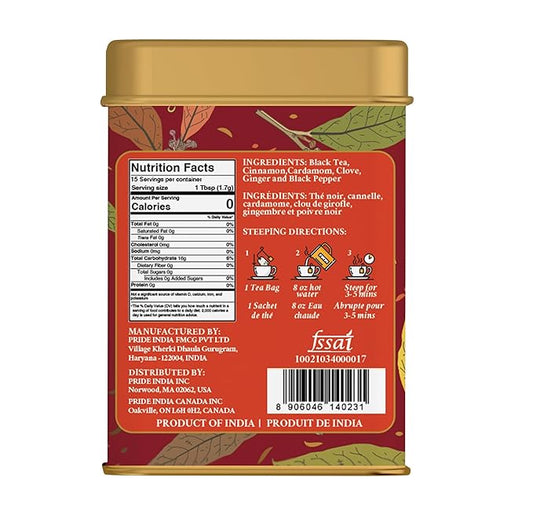 Pride of India | Chai Royale Exquisite Spiced Tea 1 oz (28.3 gm) | 15 Pyramid Full Leaf Individually Wrapped Tea Bags | 100% Natural Blend of Black Tea & Spices |Bold & Spicy Flavor