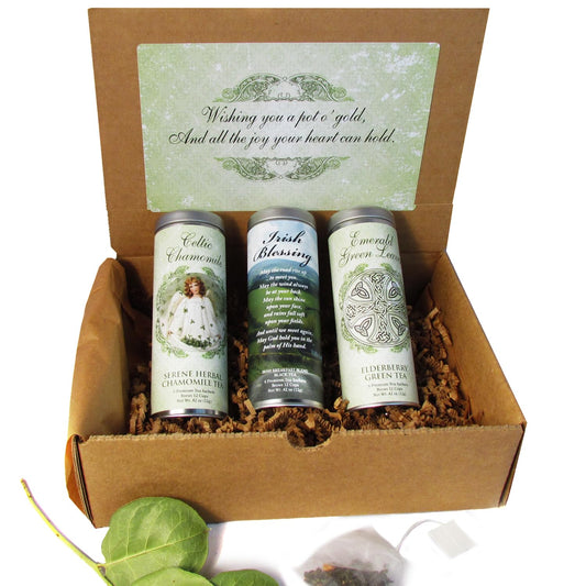 Irish Blessings Tea Gift Basket by La Tea Dah, Full Size Assortment with Irish Breakfast, Herbal Chamomile, & Green Elderberry Teas, Catholic Gifts Women (18 Sachets)