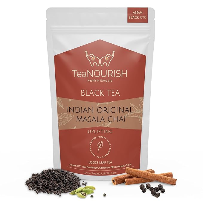 TeaNOURISH Indian Original Masala Chai Tea | Assam CTC Black Tea Loose | Blended with Cinnamon, Card