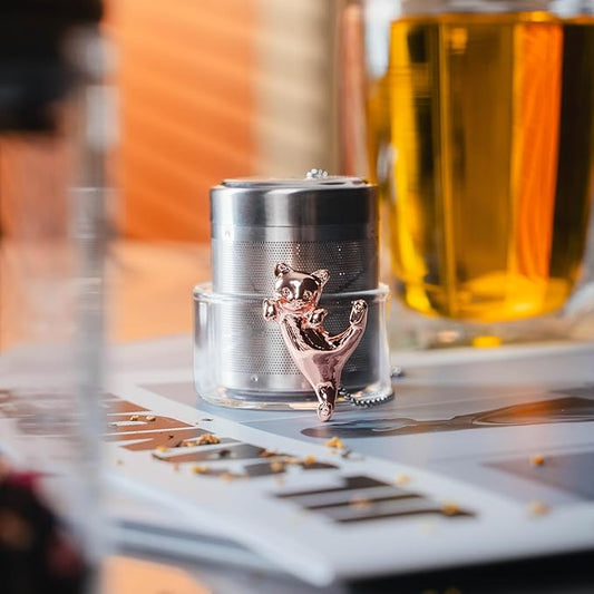 Cat Tea Infuser Stainless Steel with Secure Clip Rose Gold Kitty - Cute Animal Tea Ball Strainer, Reusable Loose Leaf Infuser w/Hanging Clip & Glass Holder Gift for Tea Lovers