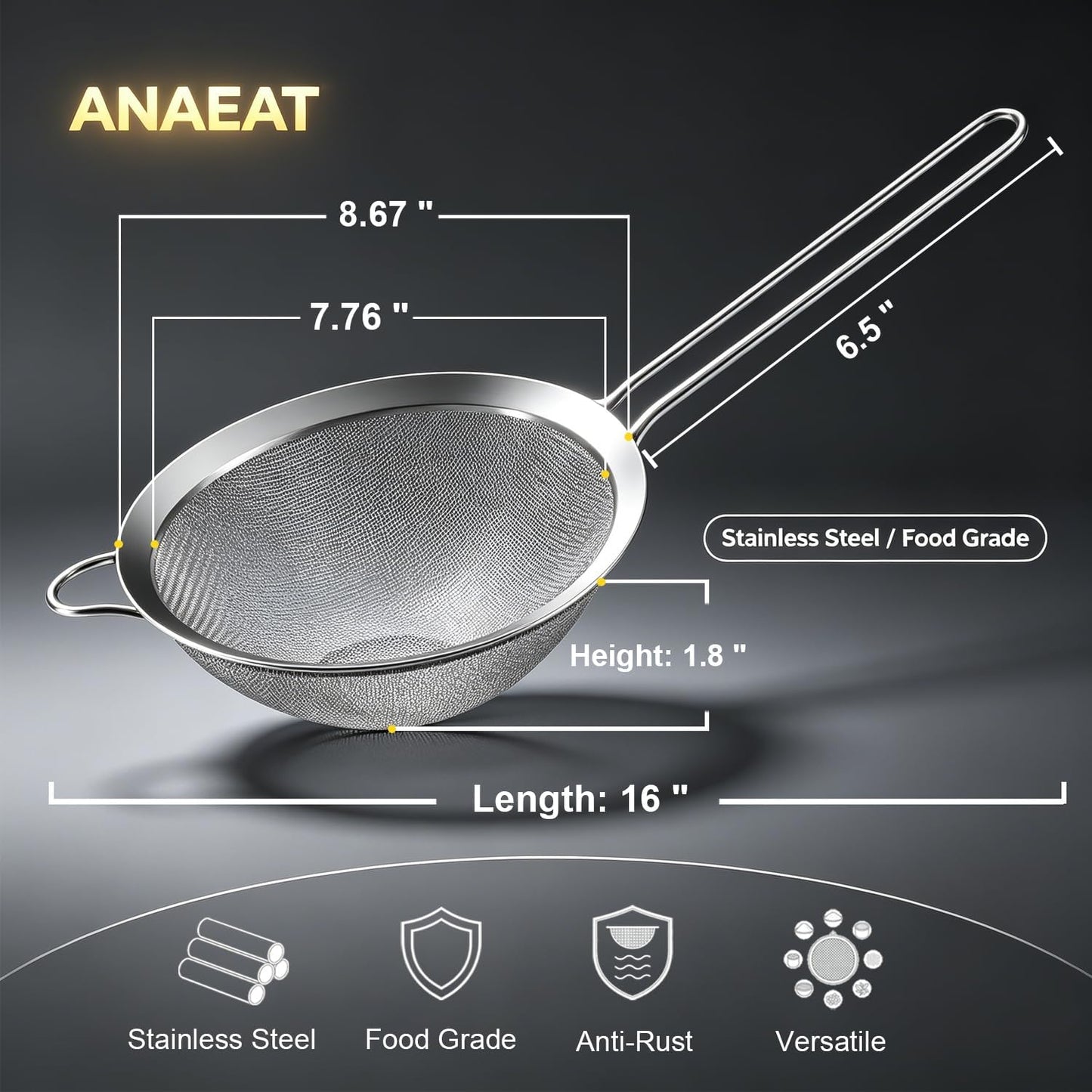 Anaeat Fine Mesh Strainers - Premium Stainless Steel Colander Sieve Sifters, with Durable Mesh and Sturdy Handle, Excellent for Sifting Dry ingredients, Flour, Pastas, Rice, Tea (8.67")