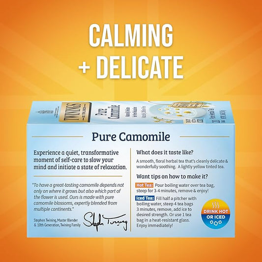 Twinings Pure Camomile Herbal Tea Individually Wrapped Bags, Calming & Delicate, 20 Count (Pack of 6), Naturally Caffeine-Free, Enjoy Hot or Iced, 120 Teabags