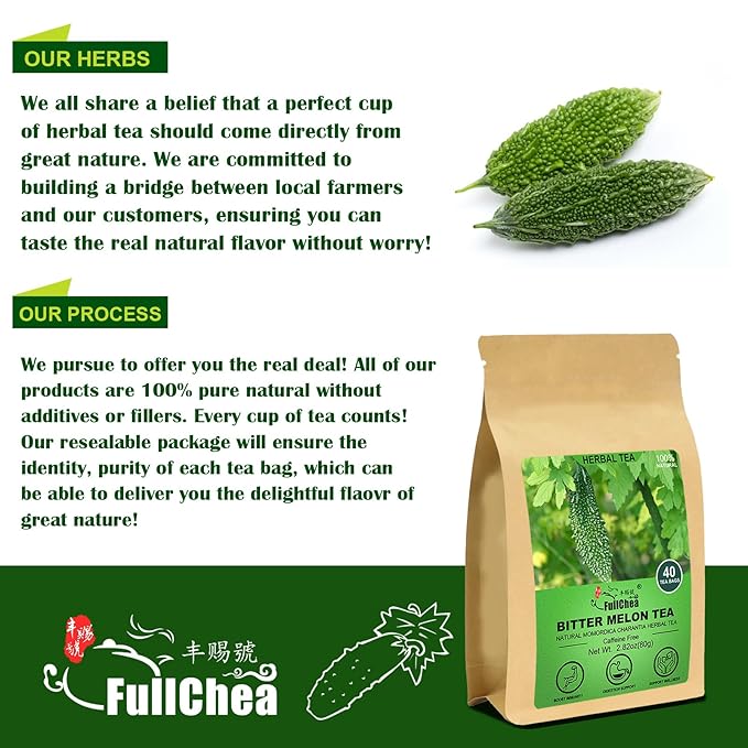 FullChea - Bitter Melon Tea, 2g X 40 Count - Premium Natural Dried Momordica Charantia - Cut & Sifted - Non-GMO - Caffeine-free