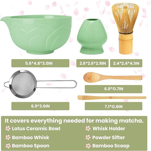 Matcha Whisk Set, Lotus Cyan Ceramic Matcha Set Includes Matcha Bowl, Matcha Whisk (Chasen) and Holder, Sifter, Bamboo Scoop & Spoon