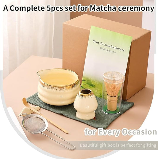 7-Piece Matcha Whisk Set – Yellow Spouted Ceramic Bowl with Golden Texture + Bamboo Whisk, Ceremonial Matcha Kit for Breakfast/Latte