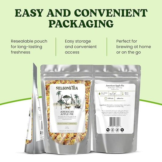 Nelson's Tea American Apple Pie - Caffeine Free, Herbal Loose Leaf Tea, Curated Blend with Cinnamon, Apple Pieces, Rooibos, and Marigold Petals - Perfect for Bedtime Brew (2 oz)