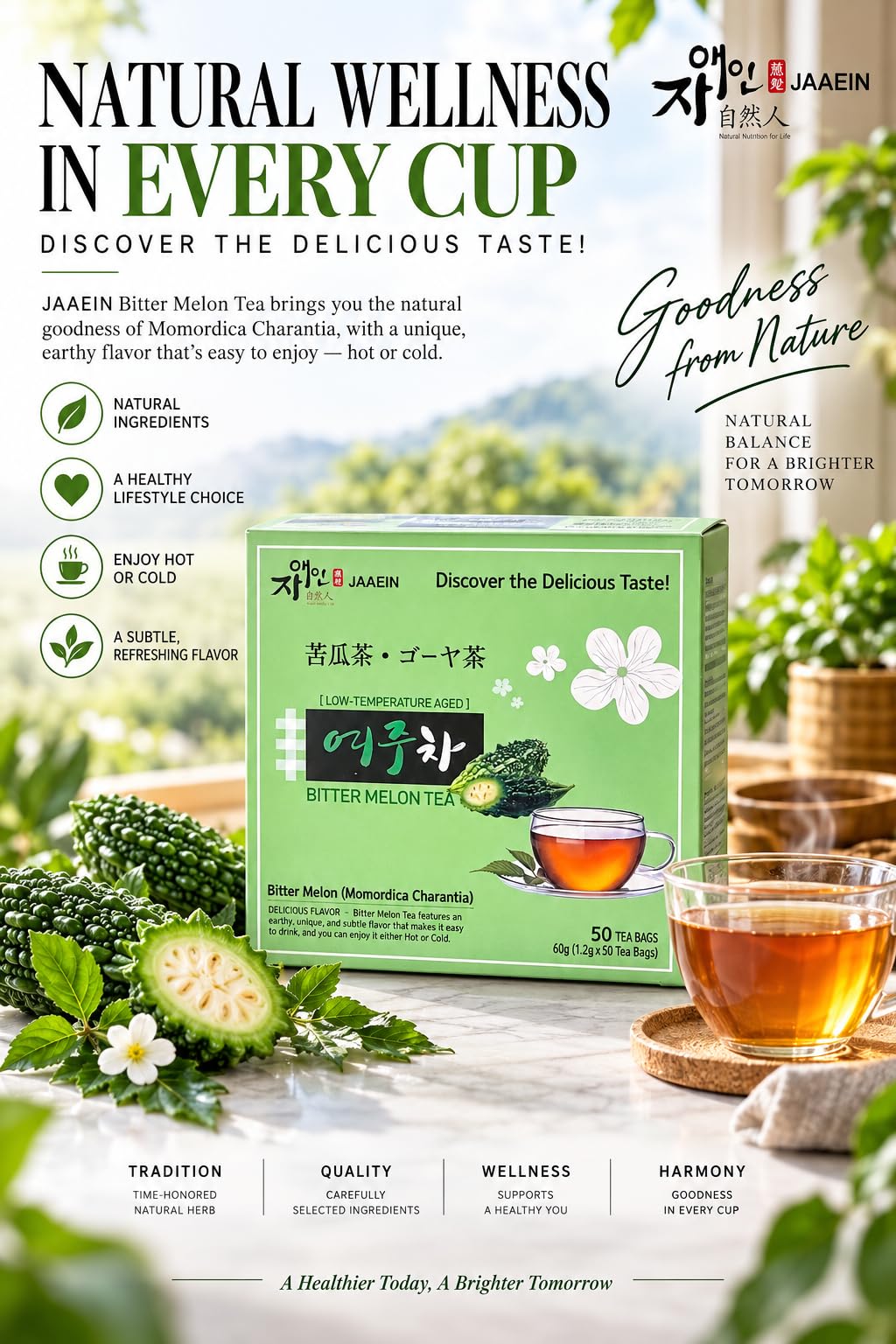 JaAeIn Bitter Melon Tea Natural Pure Korean Gohyah Fruit Tea Ampalaya Karela Leaves No Sugar, Caffeine Free, Gluten Free