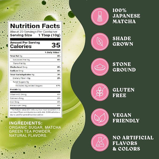 The Harmony Matcha Strawberry (7.05oz Bag - 20 Servings) Premium Japanese Matcha Powder, Rich in Antioxidants & L-Theanine, Sweetened with Organic Sugar, No Preservatives