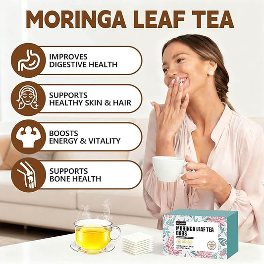 Organic Moringa Tea Bags, 120 Teabags, 2g/Bag, Made with 100% Natural Moringa Leaves. Helps with Digestion, Caffeine-Free, Sugar-Free, Gluten-Free